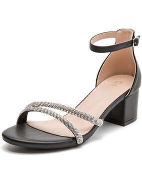 Women's Black Open Toe Ankle Strap Design Low Block Chunky Heels Sandal Shoes